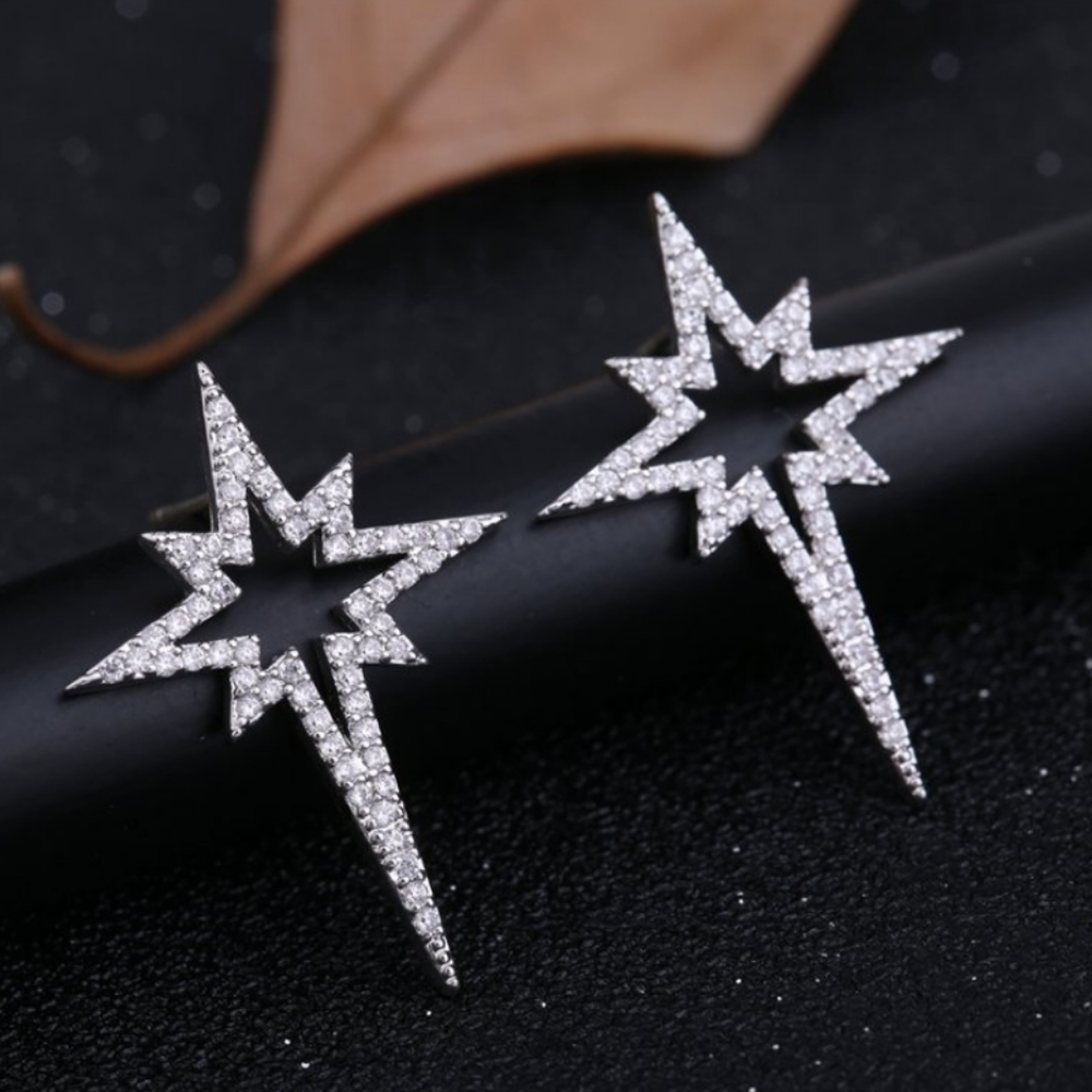 NEW 925 Sterling Silver Pave Diamond Star Earrings - Picture 2 of 5